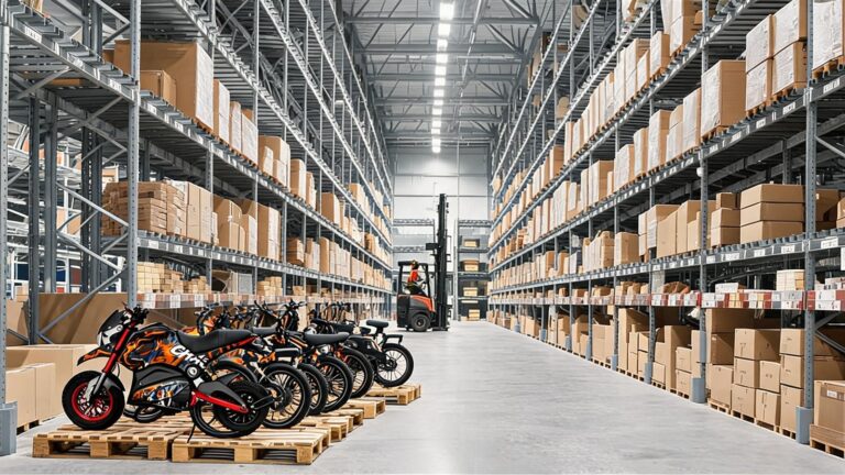 Overseas warehouse racking with e-bikes and spare parts