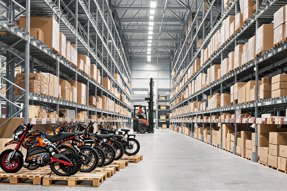 Overseas warehouse racking with e-bikes and spare parts